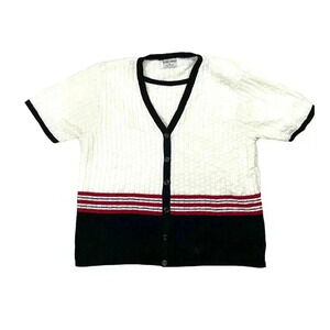 VTG Black White Cardigan Sweater MEDIUM Short Sleeve Retro Alfred Dunner Women's